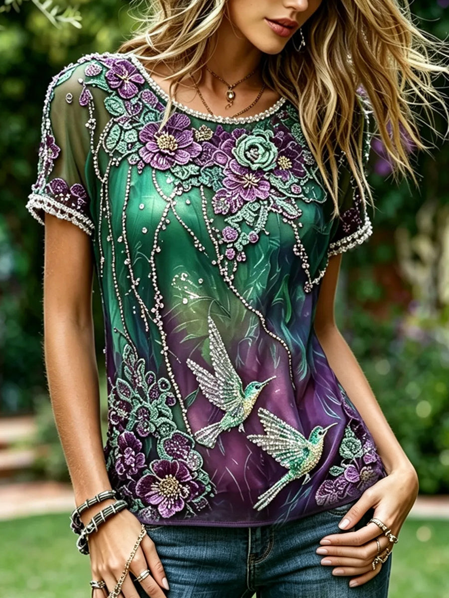 Damer Elegant kolibri- och lila blommönstrad linne-T-shirt med gradient i korta ärmar