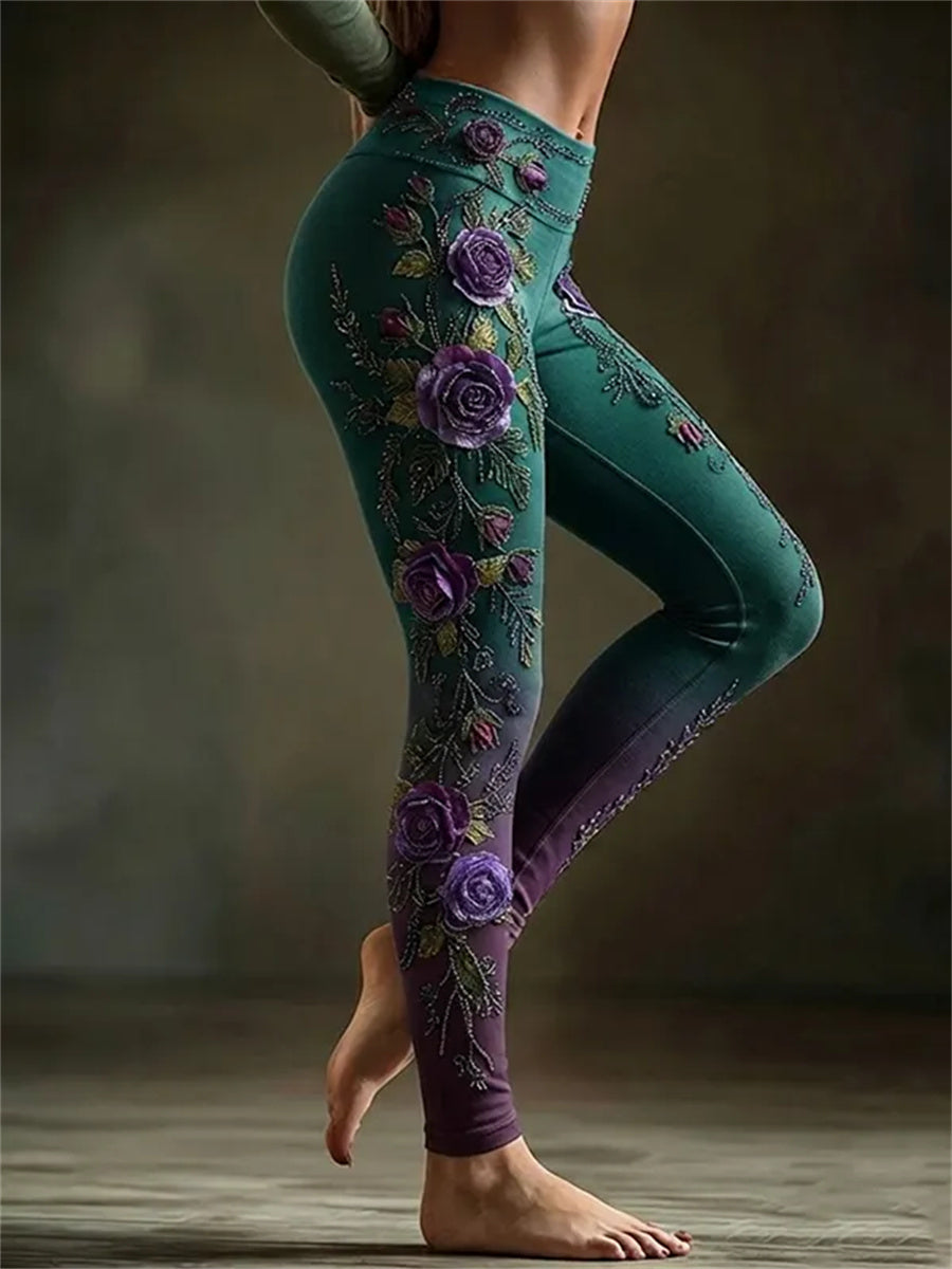 Damkläder Eleganta lila rosor blomsterkonsttryck lutande leggings
