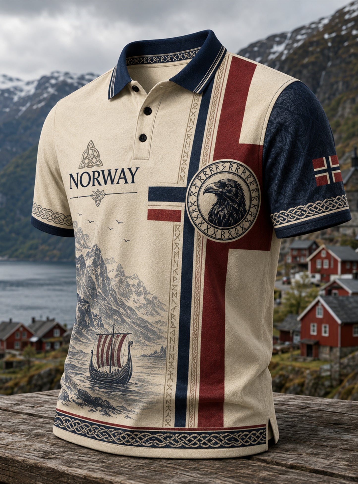 Polo-skjorte med kunsttrykk av mannlige norske samiske kulturelementer