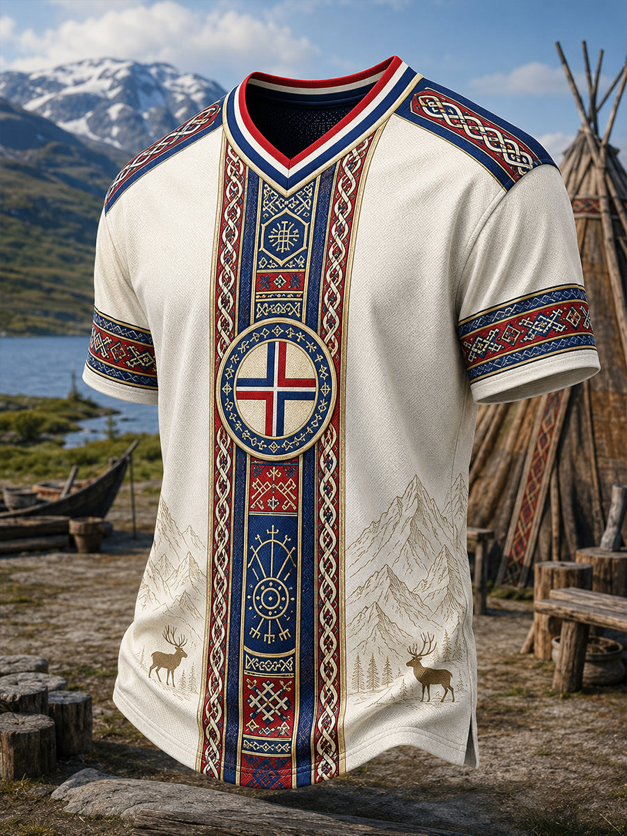 Kulturell kunsttrykk-T-skjorte for menn med norske samiske motiver