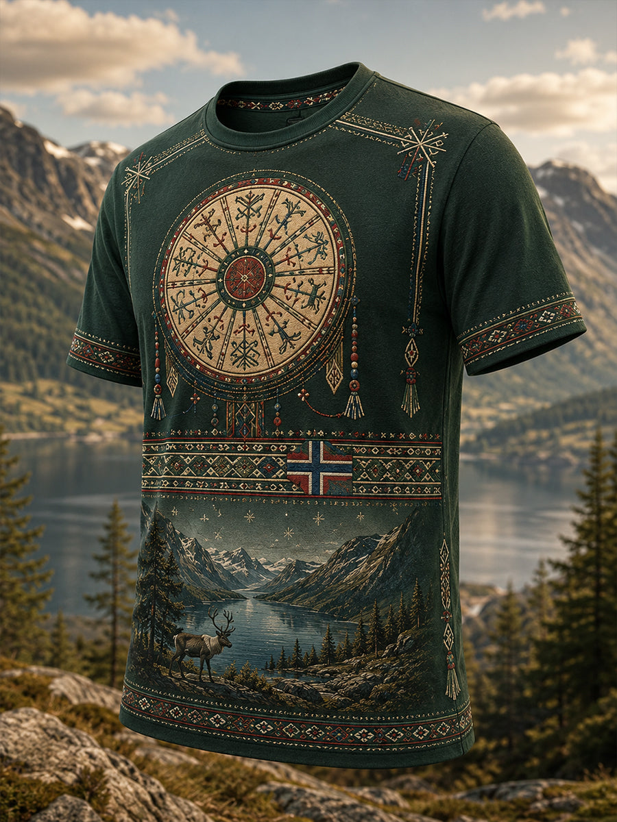 Kulturell kunsttrykk-T-skjorte for menn med norske samiske motiver