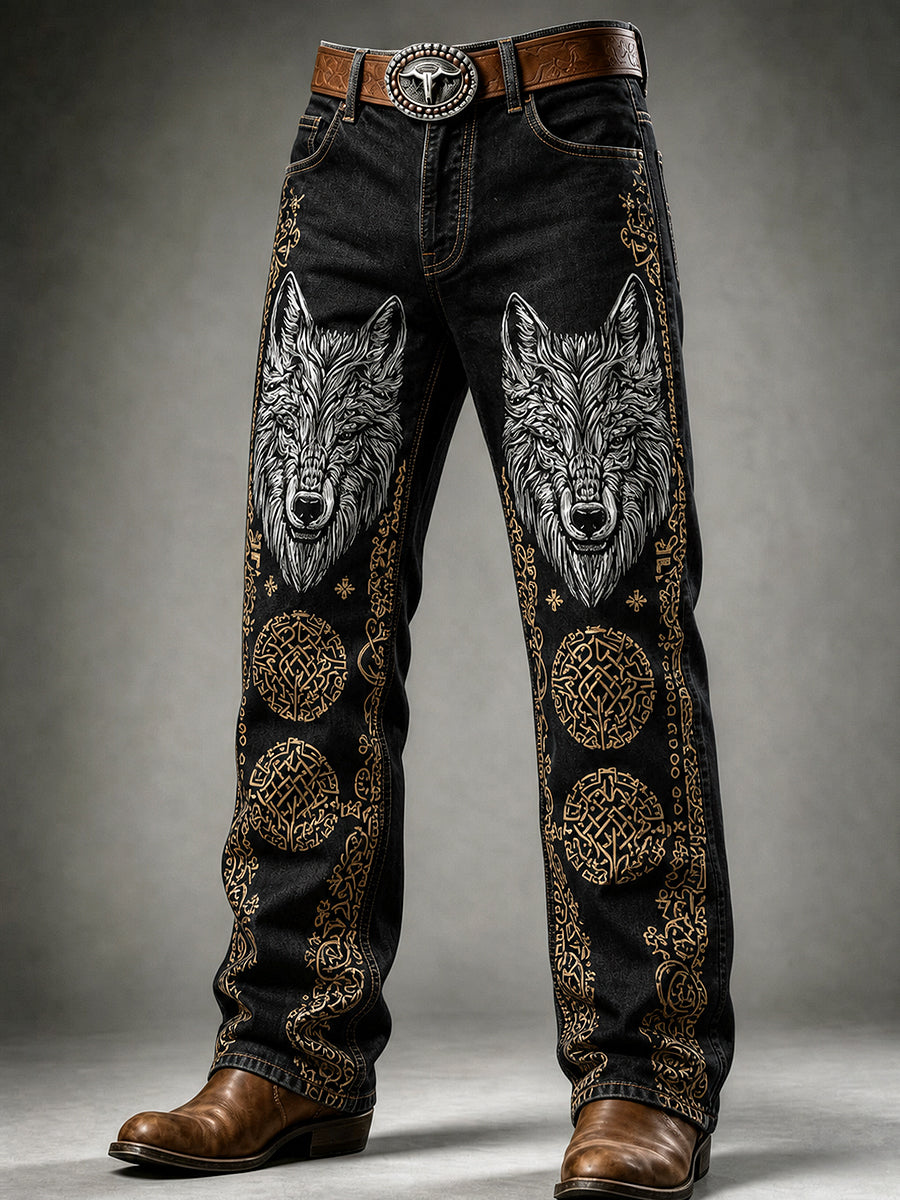 Mäns Retro Viking Wolf Art Print Casual Workwear Byxor