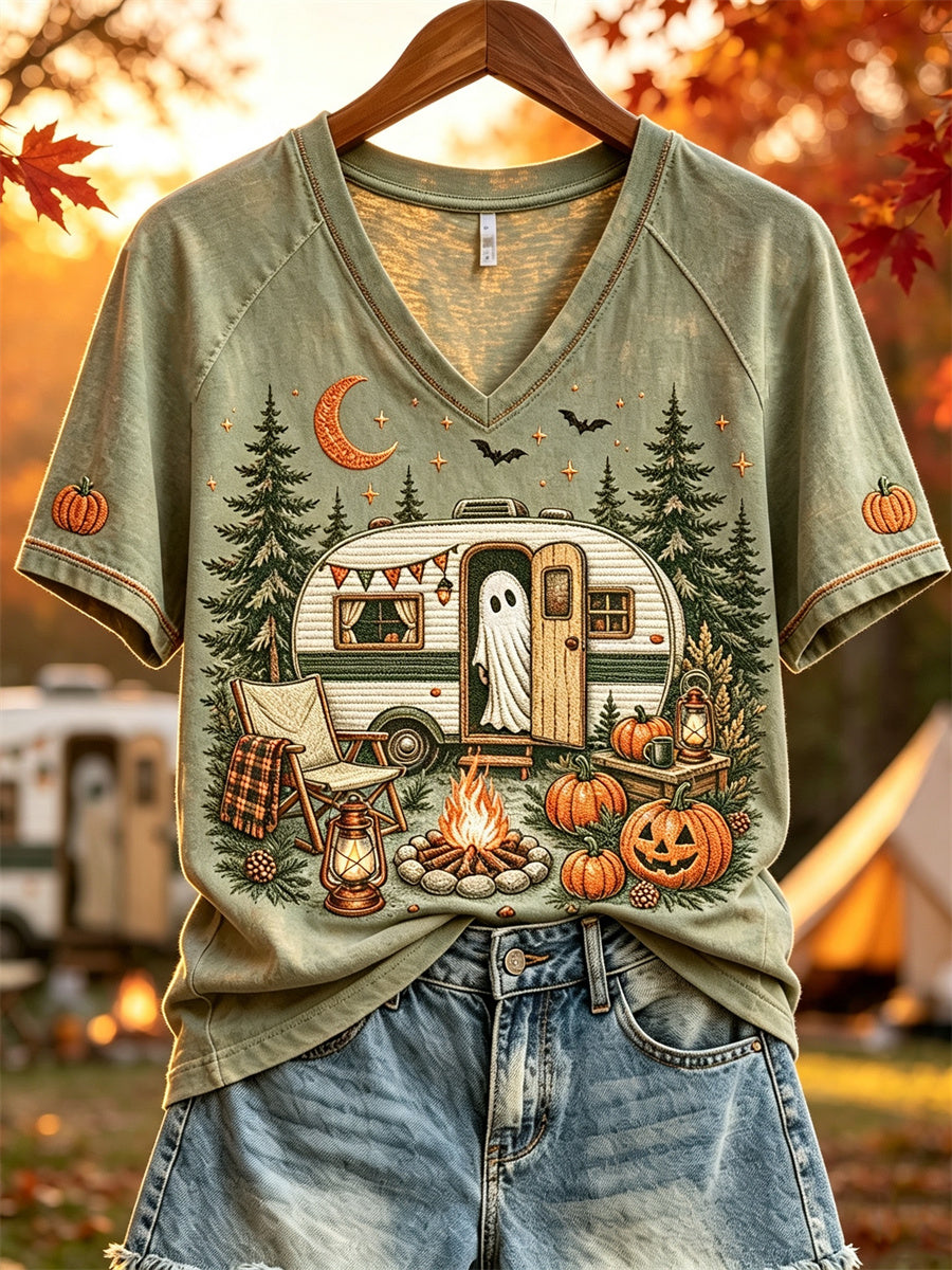 Kvinnors Halloween Ghost Fall RV Camping Skriv ut kortärmad t-shirta