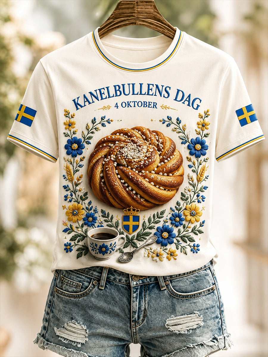 Damer Sveriges Kanelbullens Dag T-shirt med korta ärmarna