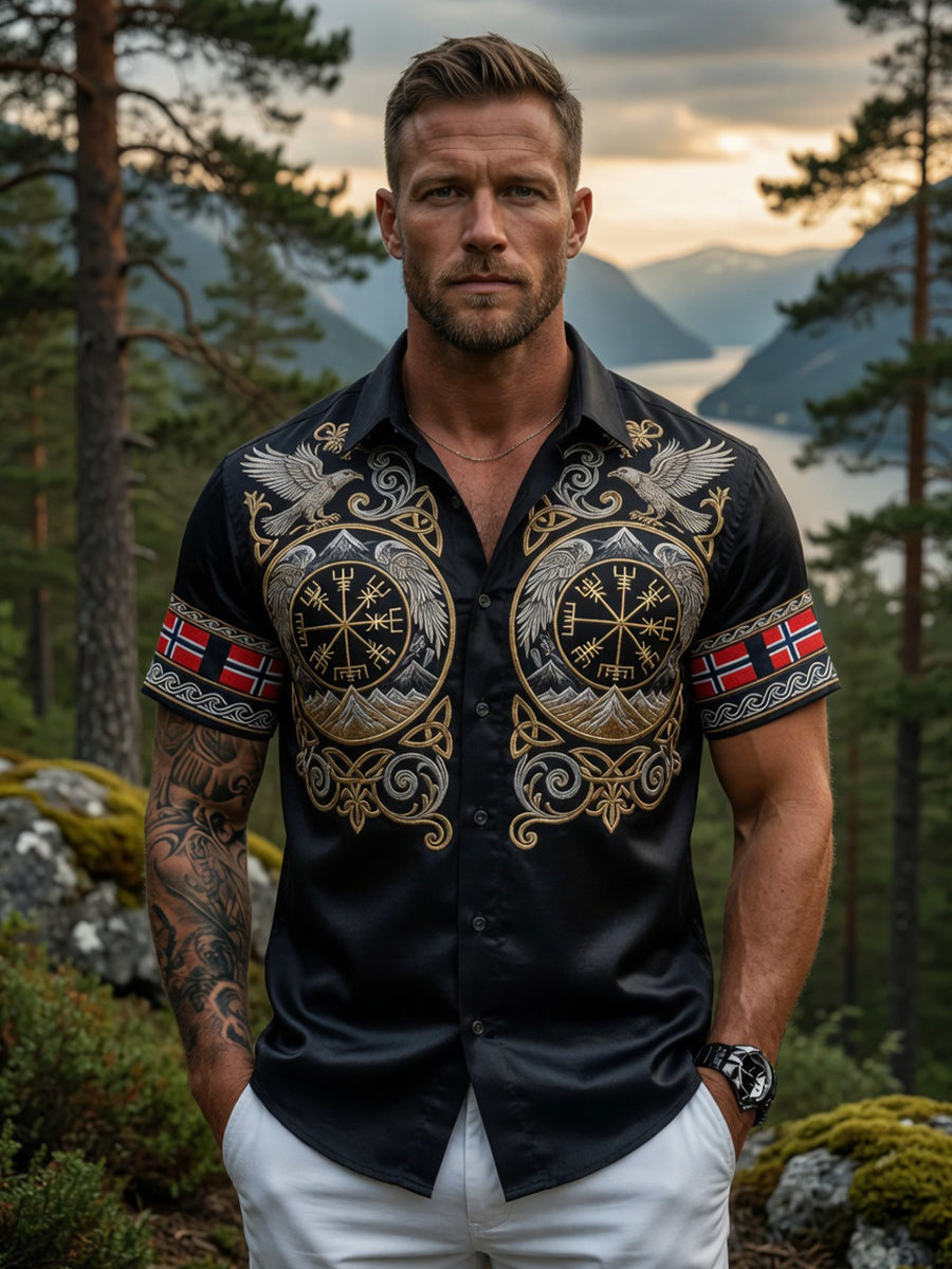 Herrens Retro Norska Viking Skandinavisk konst Print Casual skjorta