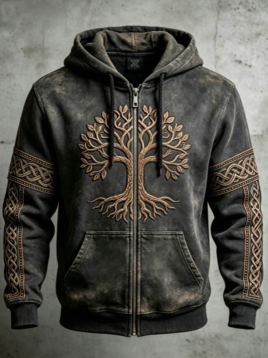 Herrligan retro vikingavalknut livets träd färgblockdesign konst dragkedja-huudie