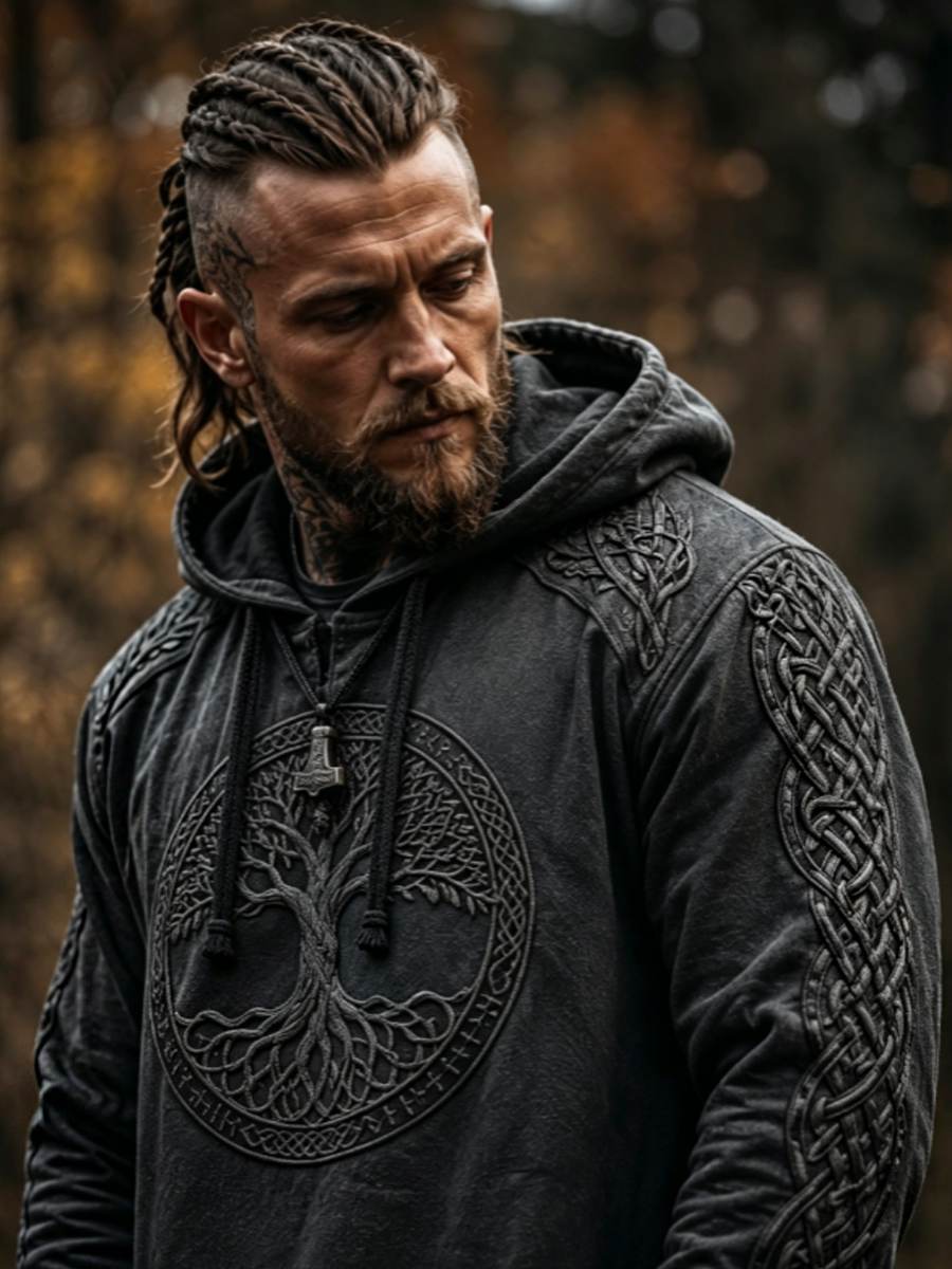 Herrtröja med vikingakeltsk knut och Livets Träd – konstdesign, luvtröja