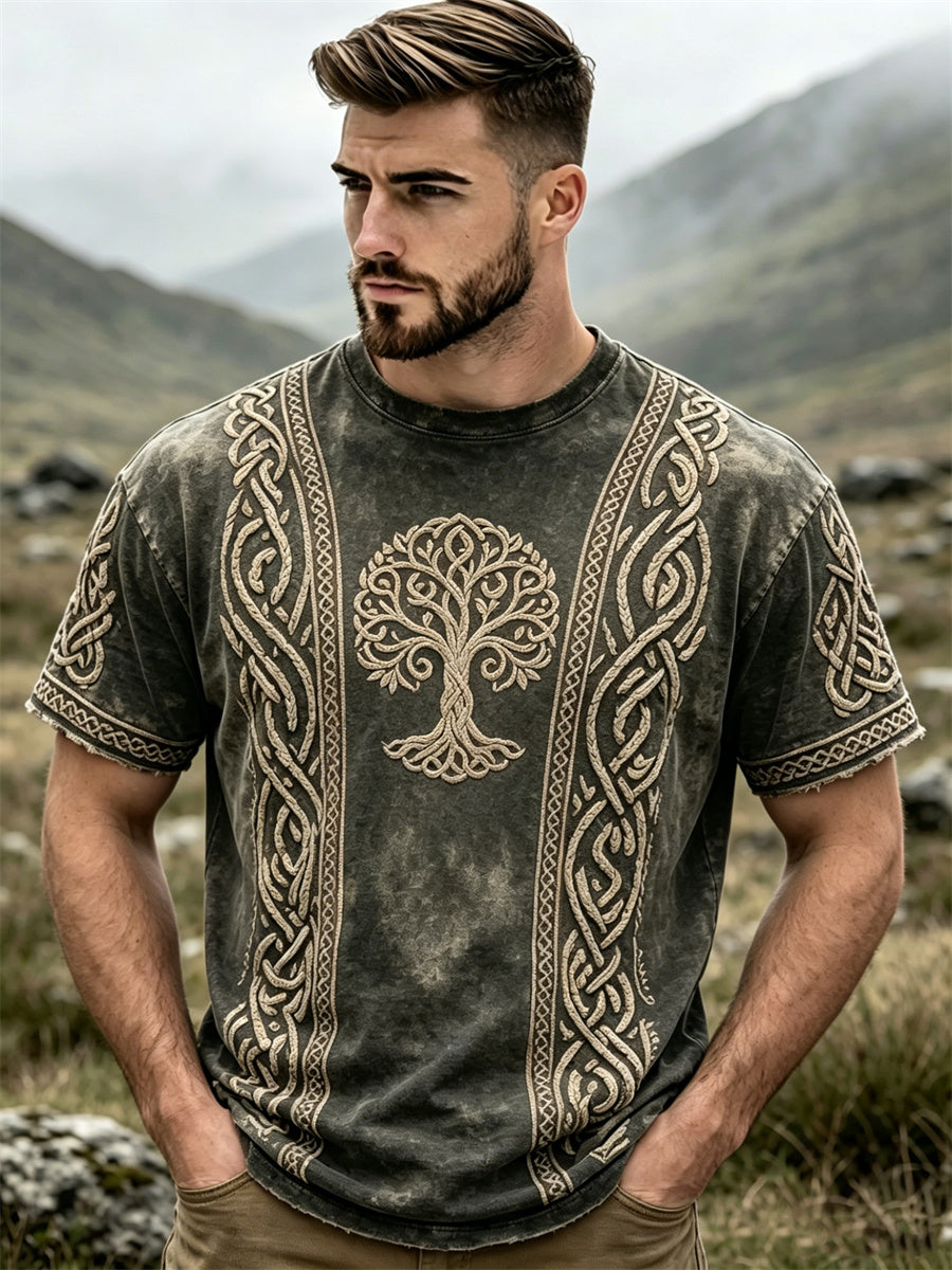 Mansvintage t-shirt med vikingatema, livets träd och keltiskt knutmönster, korta ärmarna