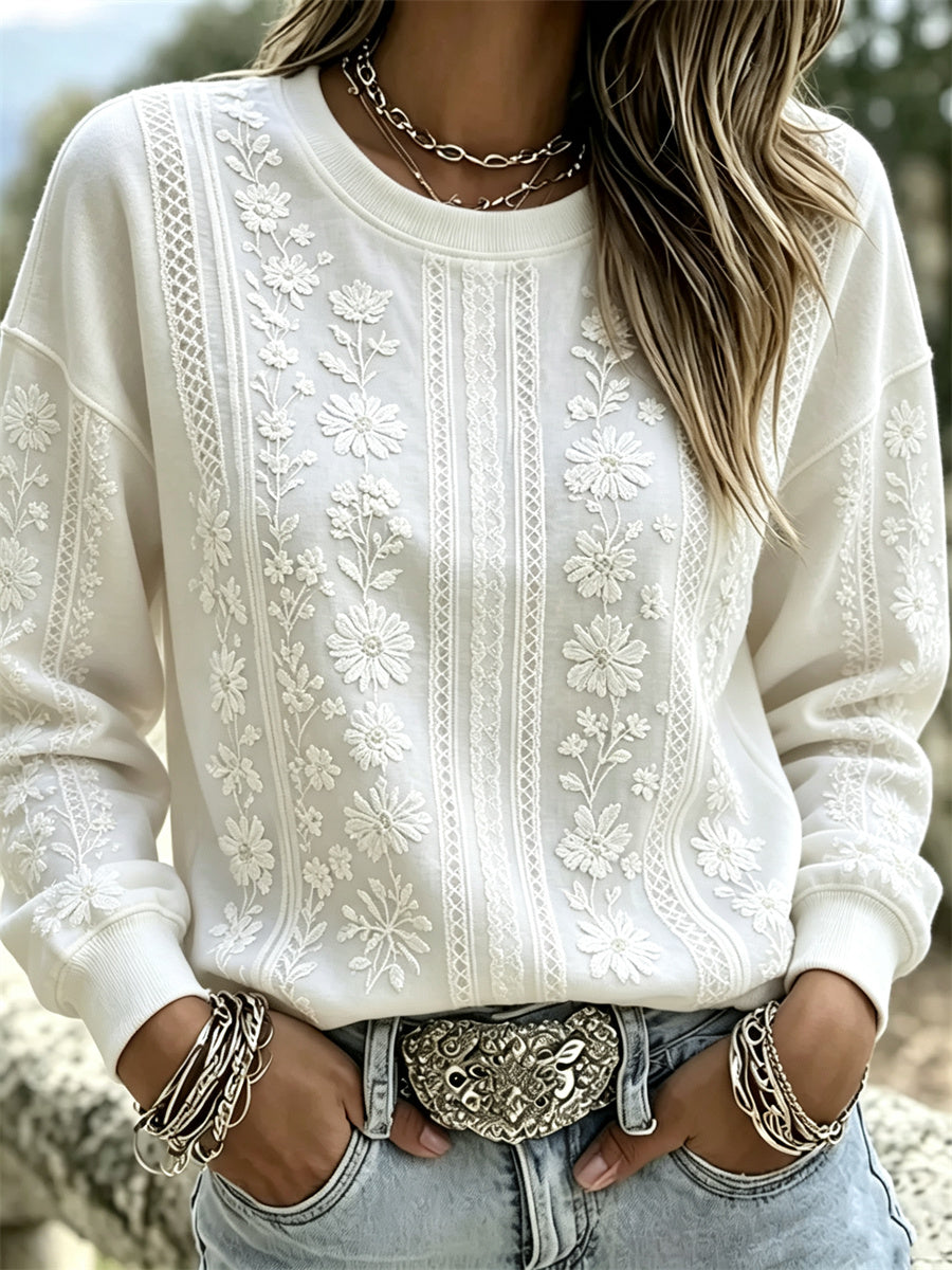 Damer Elegant boho-väst vit blommig konsttryck sweatshirt
