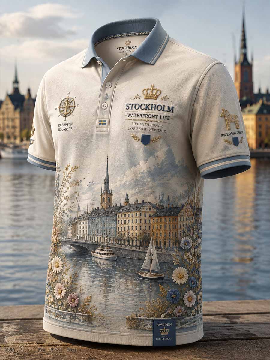 Herrpolotröja i retrostil med Stockholmsmönster