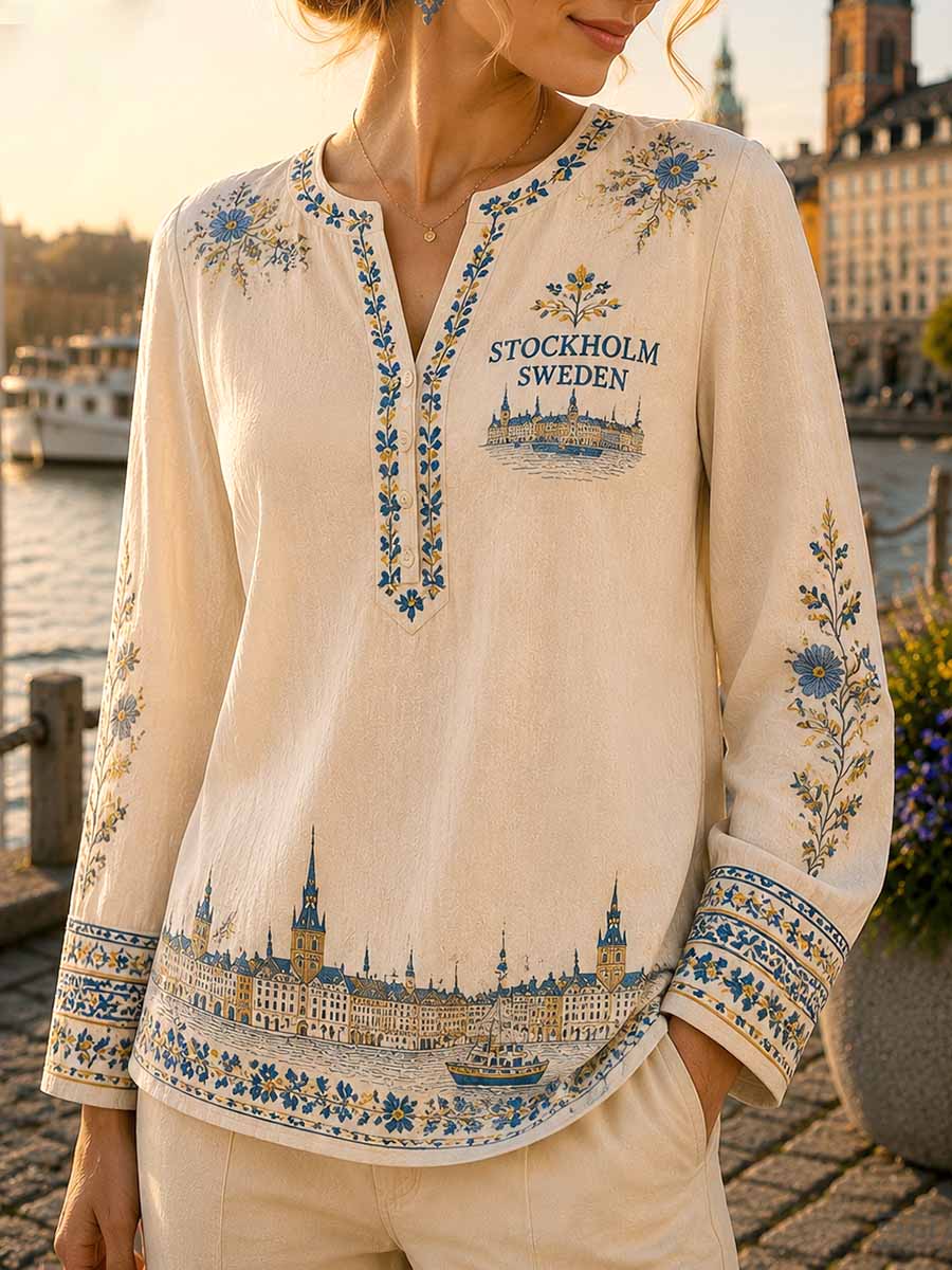 Dammössa i retrostil med Stockholmsmönster och tryck på toppen