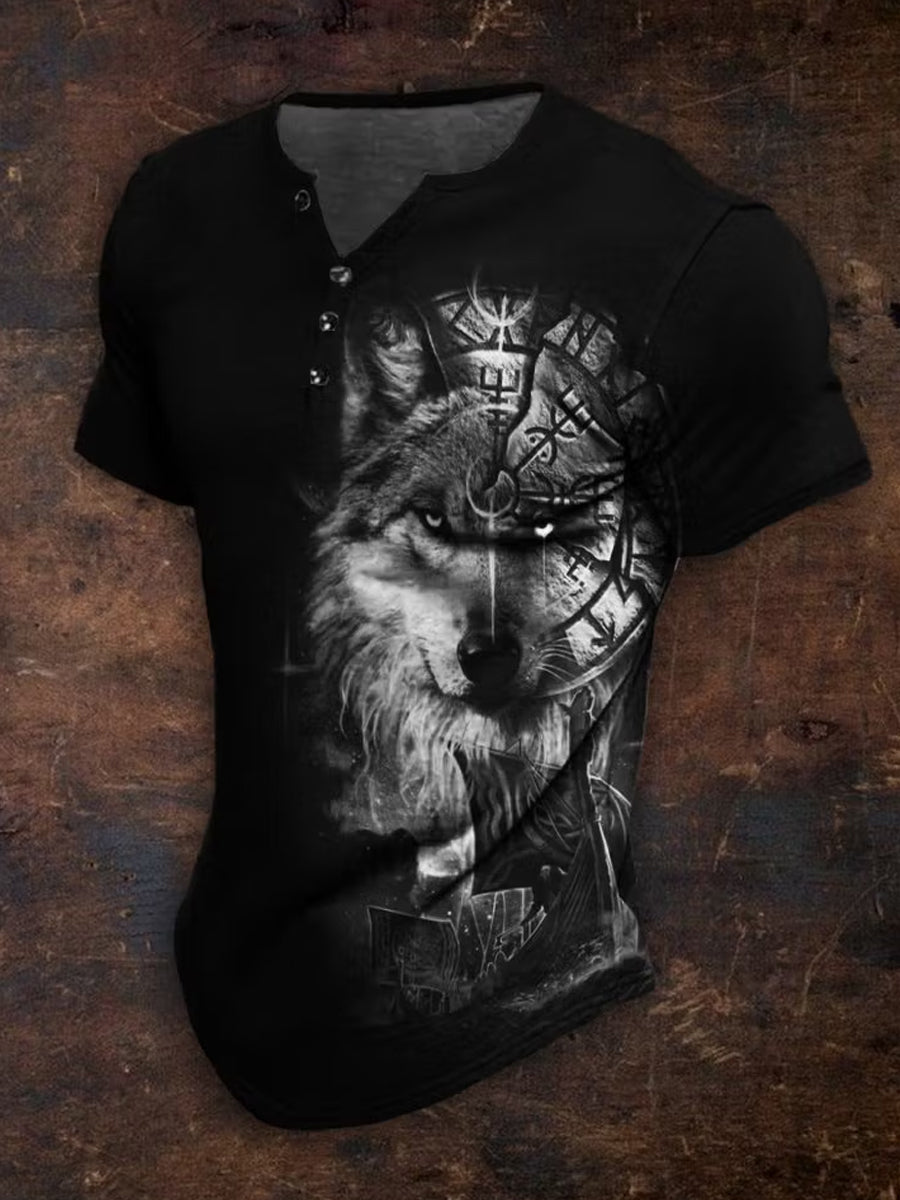 Casual Henley tröja med Vintage Viking konst Print