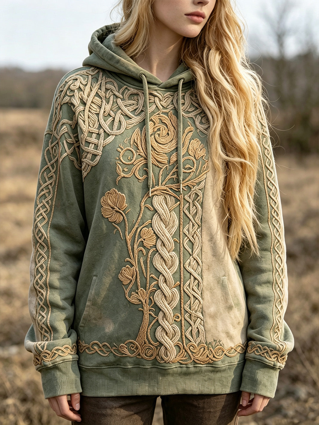 Kvinnlig avslappnad hoodie med retrotryck med viking- och keltiskt knutmotiv