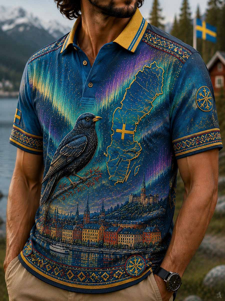 Mansvintagepolotröja med koltrastmönster