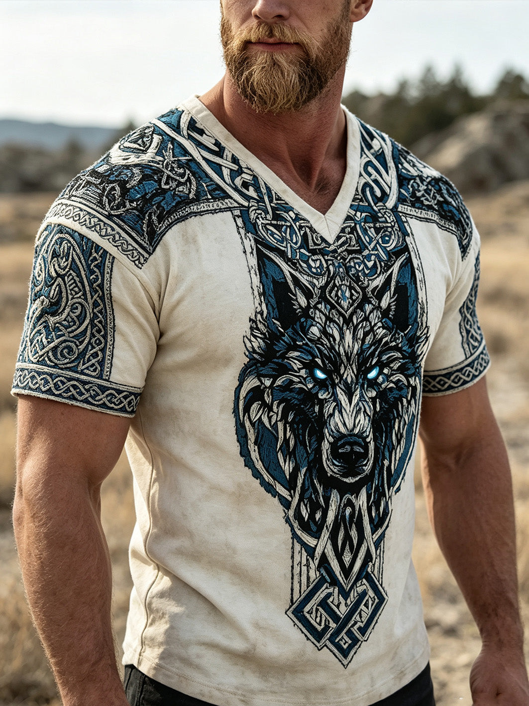 Mans retro-vikingtröja med tryckt varghuvudmönster, avslappnad stil
