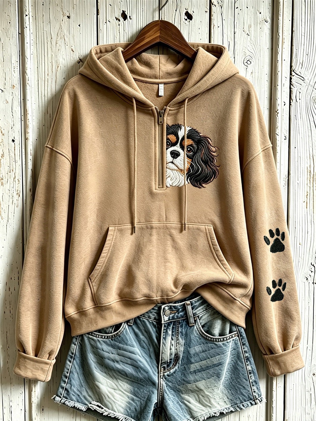 Kvinnors söta hund mönster tryckt Casual Half blixtlås Hoodie Hoodie