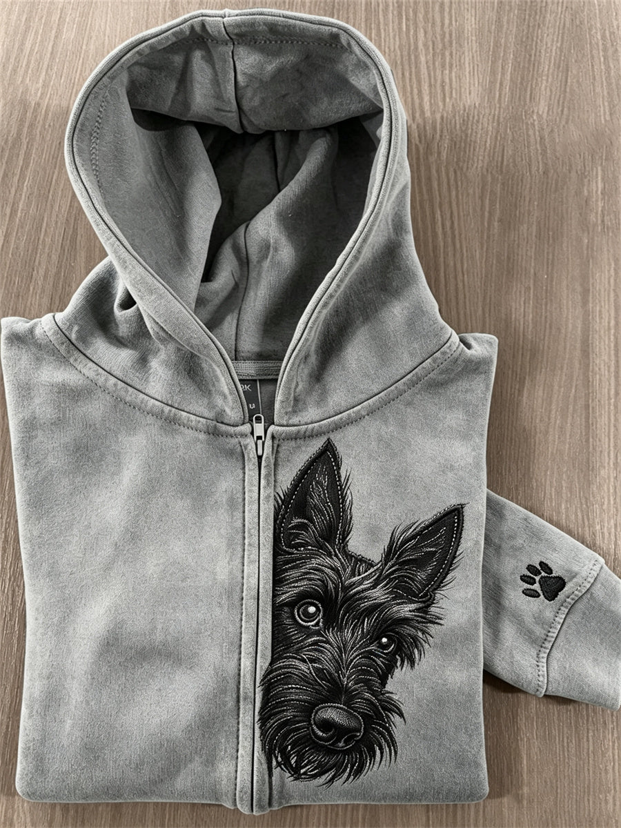 Kvinnors kikande skotska hund & tass Print Full Zip Hoodie Zip