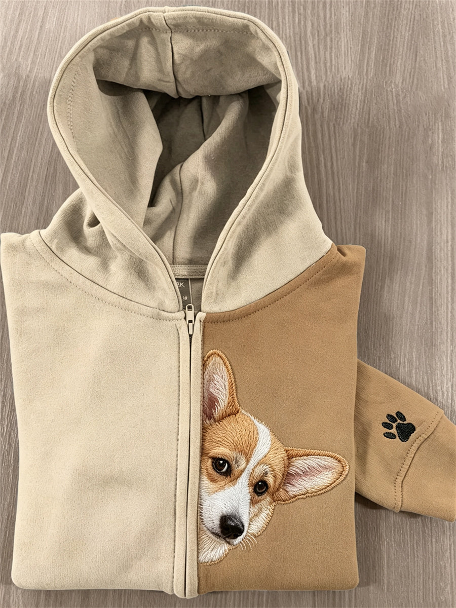 Kvinnors kikande Corgi Dog & Tass Print Kontrast Färg Full Zip Hoodie