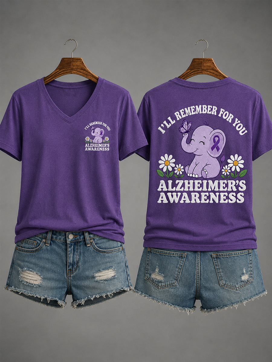 Kvinnors lila band Elefant Jag kommer att minnas för dig Alzheimers medvetenhet Stöd V-Neck Tee