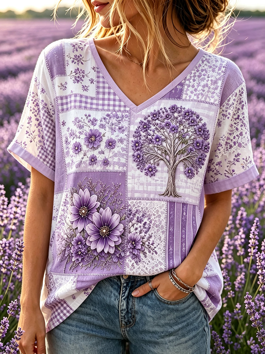 Kvinnors Alzheimers medvetenhet Support Patchwork Art Print Linen Short-T-shirt