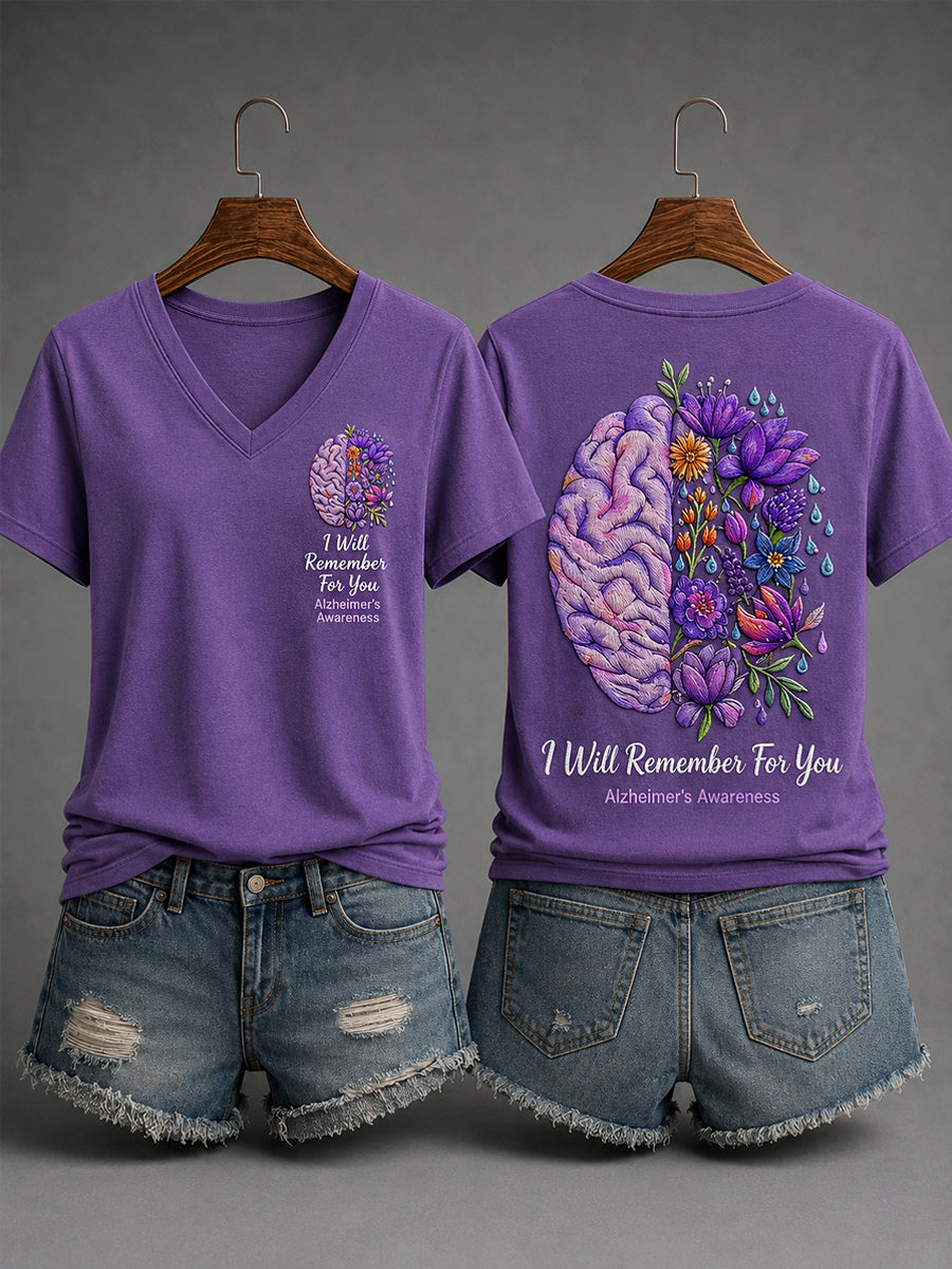 Kvinnors lila band Jag kommer att minnas för dig Alzheimers medvetenhet Stöd V-Neck Tee