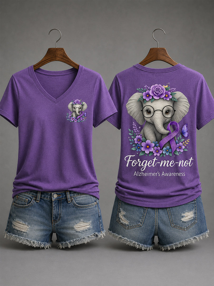 Kvinnors lila band Elefant Glöm inte Alzheimers medvetenhet Stöd V-Neck Tee