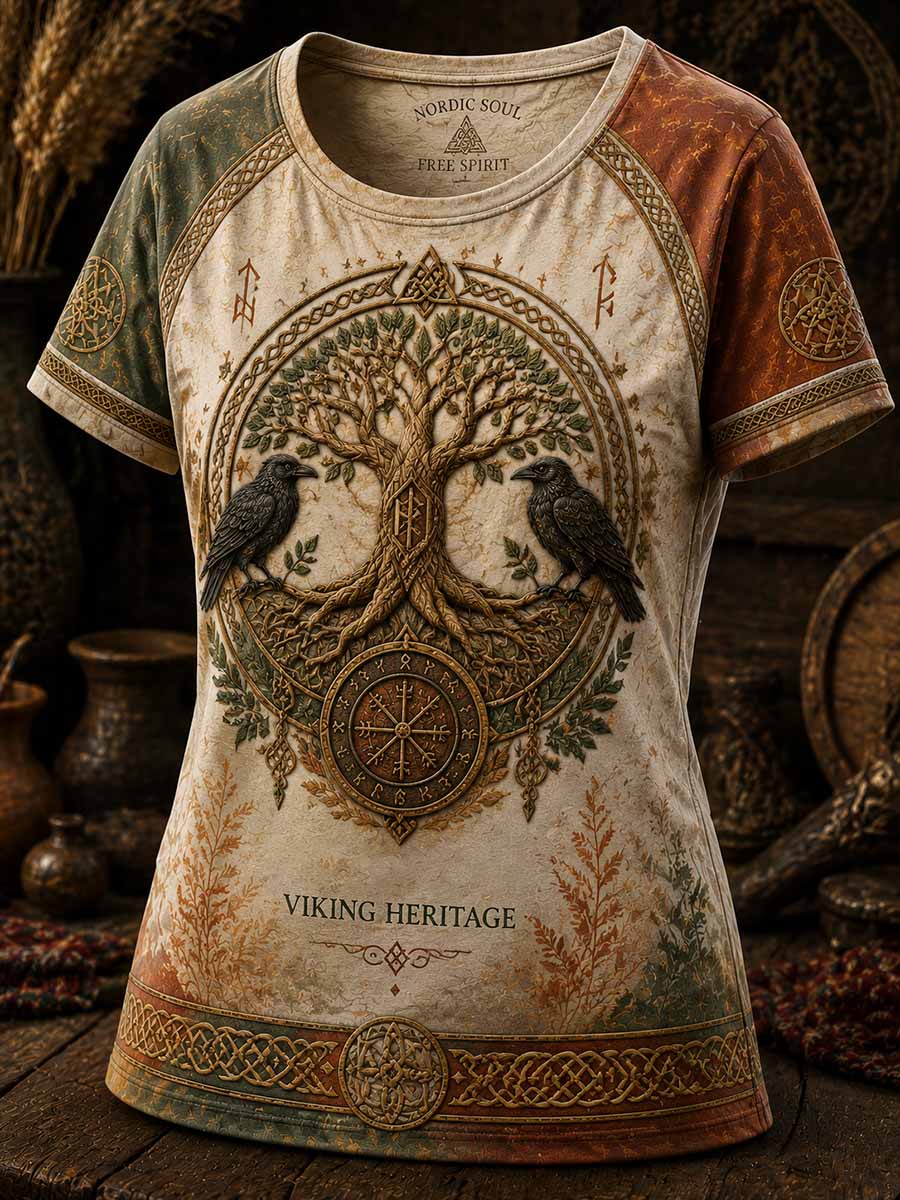 Kvinnors Retro Viking träd av livet Print T-shirt