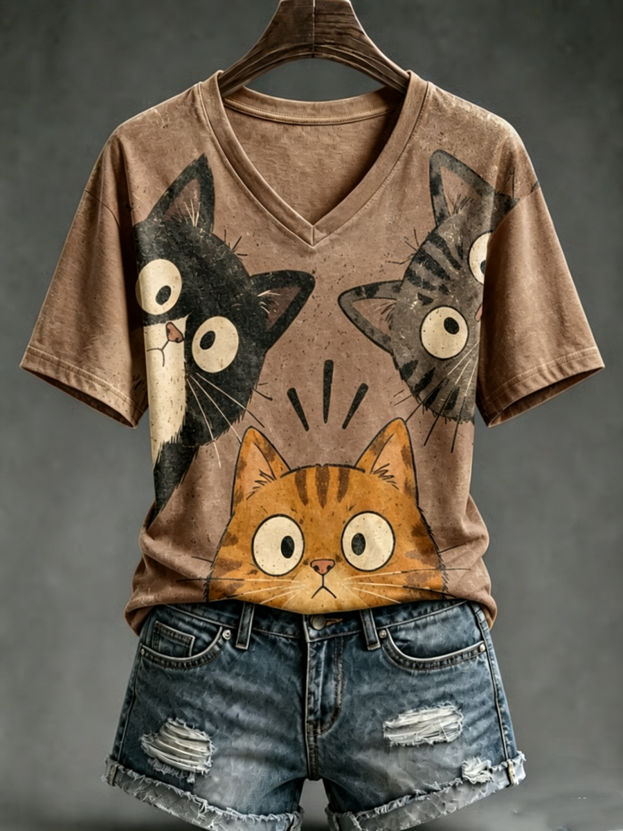 Damens söt katttryck kortärmad T-shirt