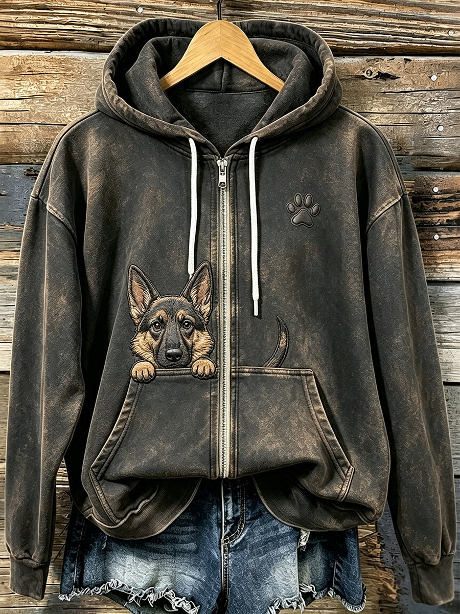 Kvinnors söta kikande tyska Shepherd med tass Print Mysig Zip-Up Hoodie.