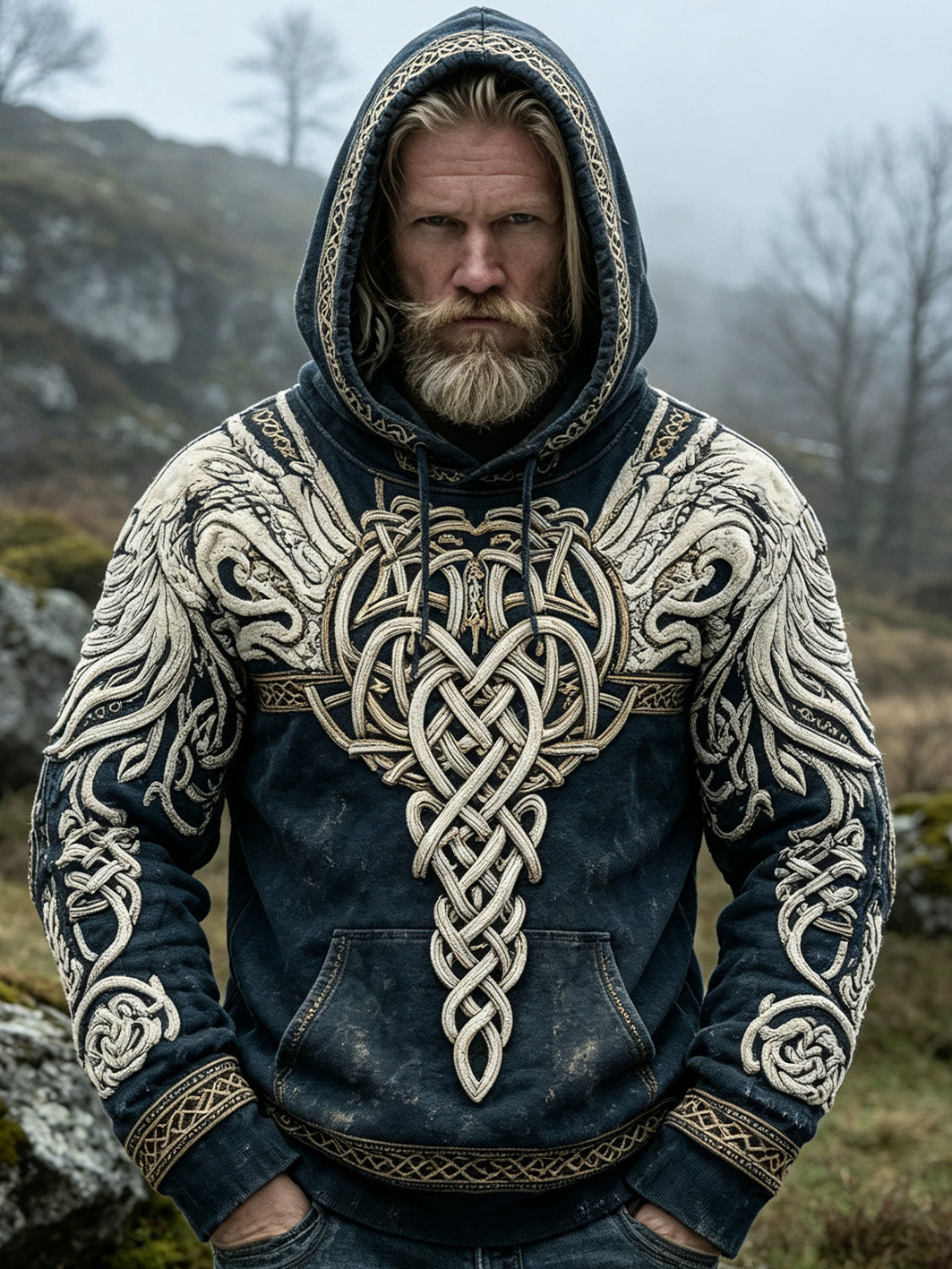 Mäns retro Viking stil mönster tryckt avslappnad tvättad hoodiet