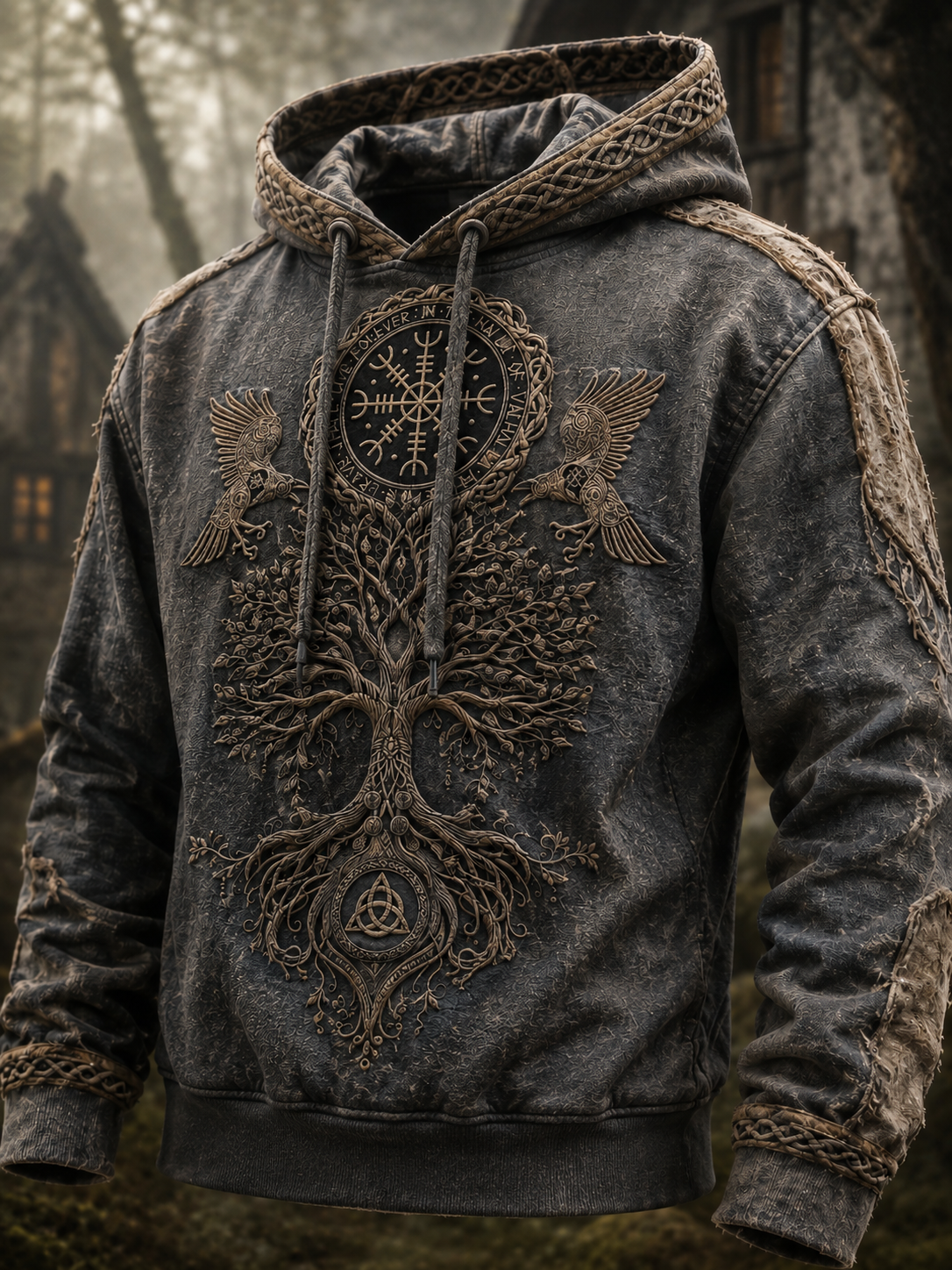 Herrlig retro-vikingavästling med valknut och livsträd – överdimensionerad hoodie