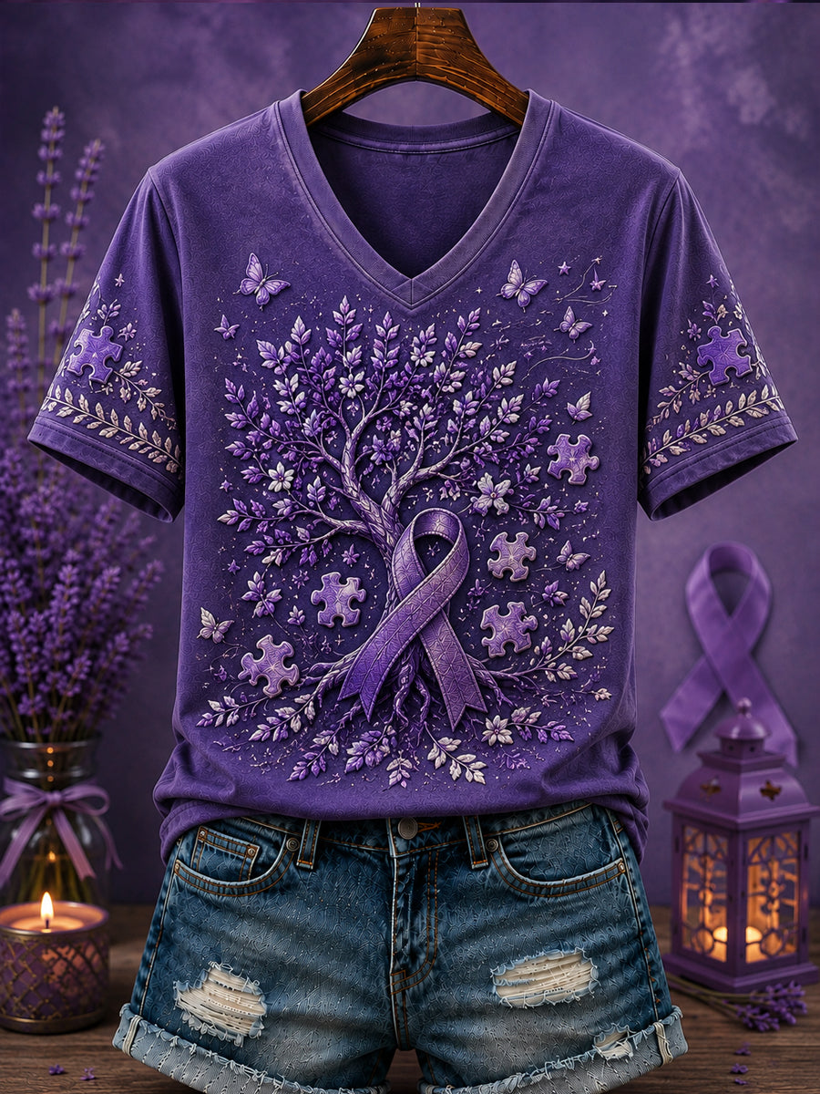 Dammens lila Flora-konsttryckt t-shirt med v-ringning
