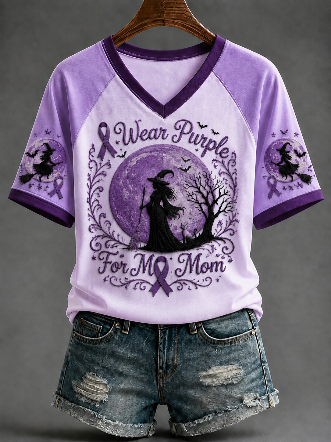 Kvinnor jag bär lila för min mamma V-hals Off-axel Kort ärm T-shirt