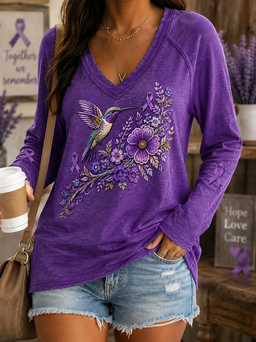 Kvinnors lila blommor & Hummingbird Skriv ut Alzheimers medvetenhet Support Lång ärm T-shirt