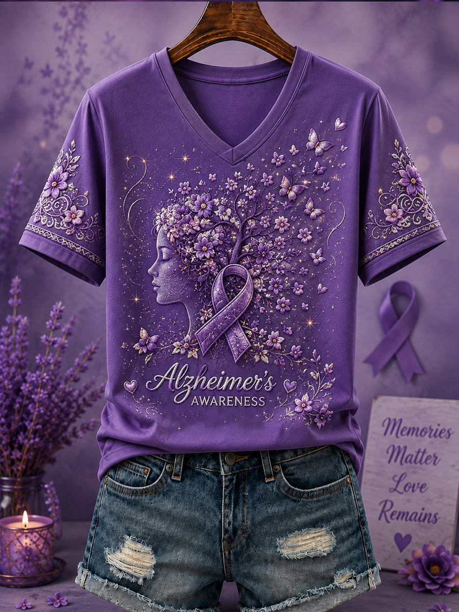 Dammens lila Flora-konsttryckt t-shirt med v-ringning