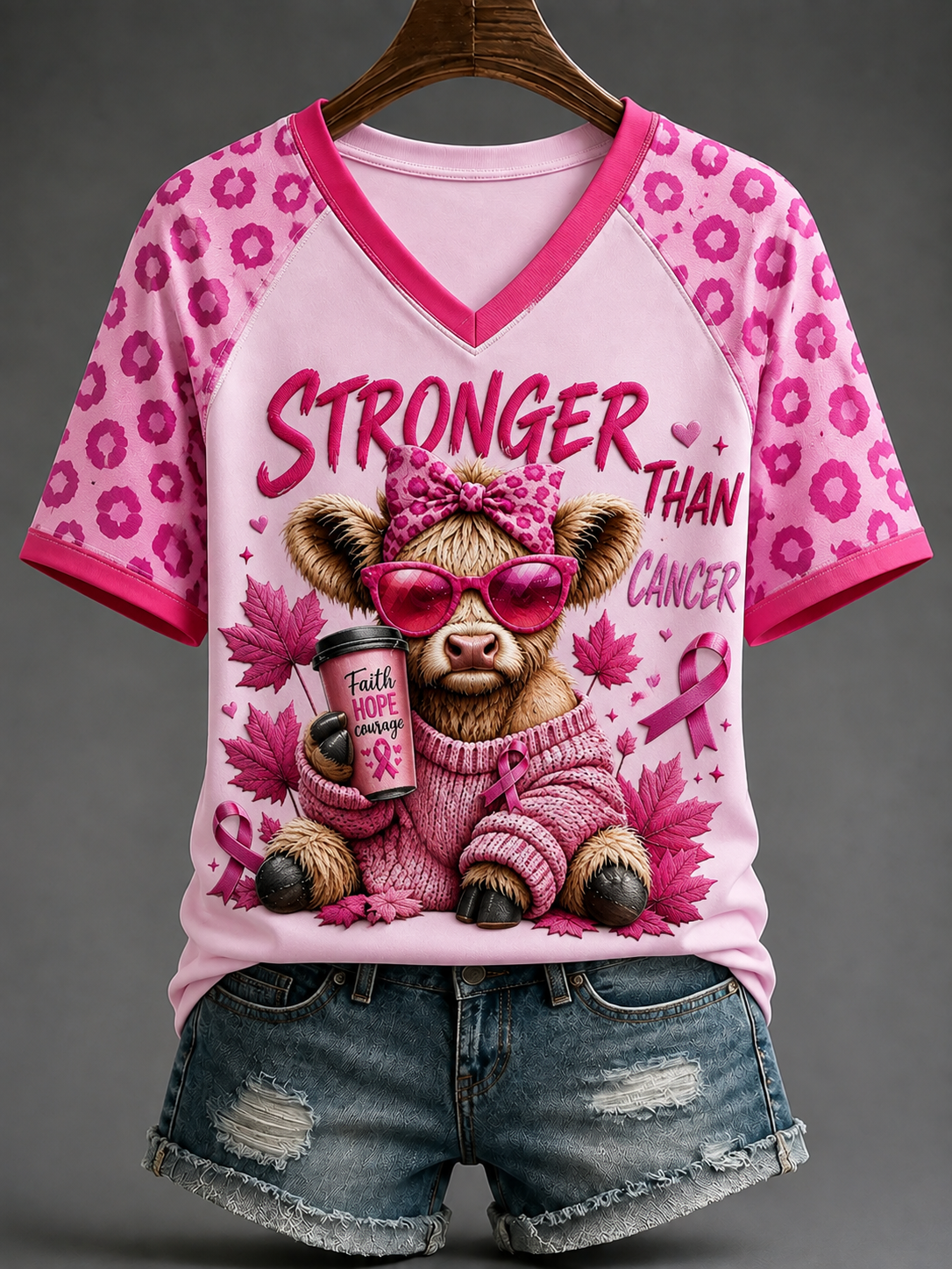 Kvinnors starkare än cancer V-hals Off-axel Kort-ärmad T-shirt