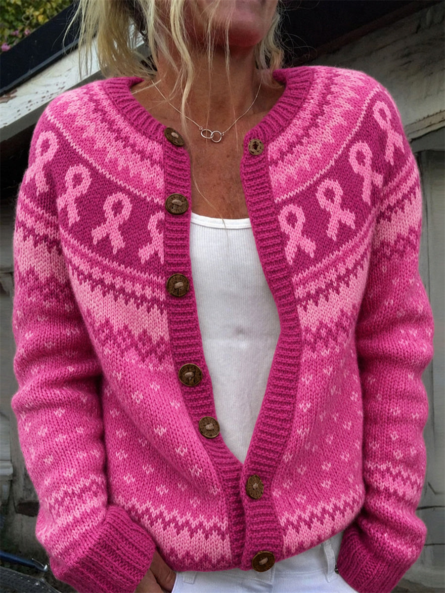 Kvinnors bröstcancer medvetenhet Rosa Ribbon Yoke Isle Print Mysig Cardigan