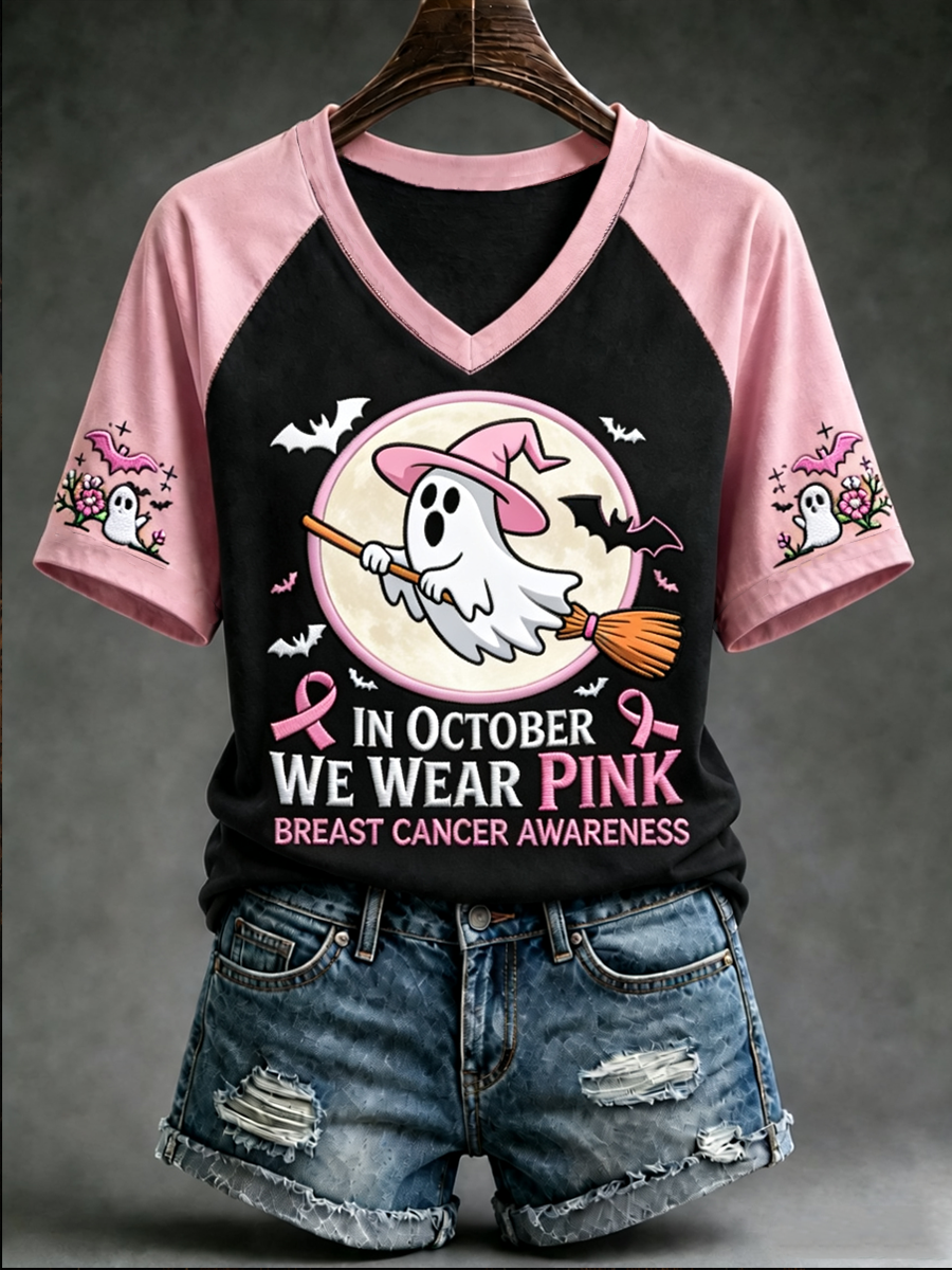 Kvinnor i oktober bär vi rosa V-hals off-axel kortärmad T-shirt