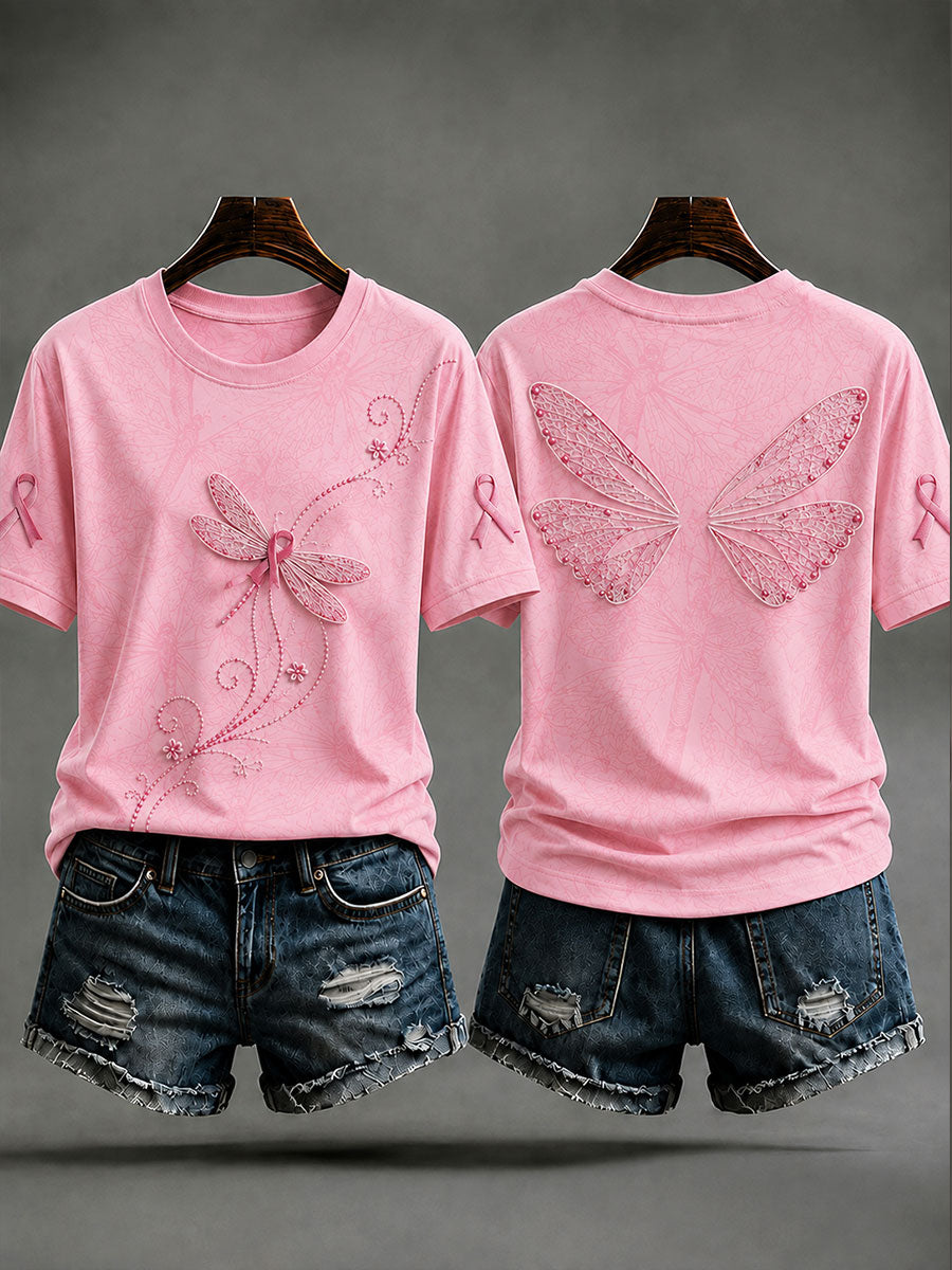 Kvinnors Dragonfly Print Bröstcancer förebyggande T-shirt