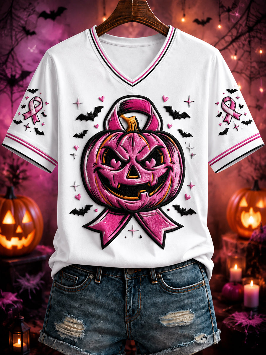 Kvinnors halloween Bröstcancer Rosa tryckt V-hals T-shirta