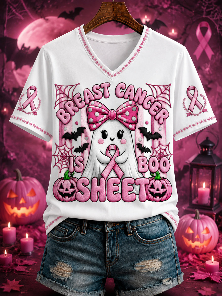 Kvinnors ”BREAST CANCER ES SHEET BOOO” T-shirt