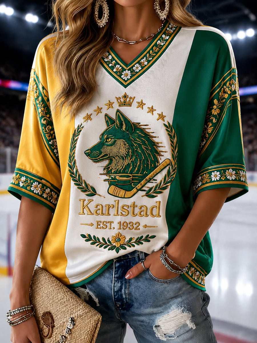 Karlstad Grönt hjärta Hockeysläkt V-ringad T-shirt
