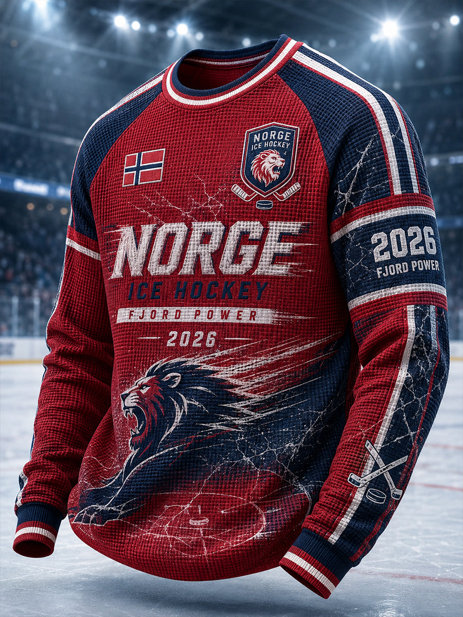 Herrerens raglan-T-skjorte i vaffelstrikk med lange ermer og ishockeymotiv