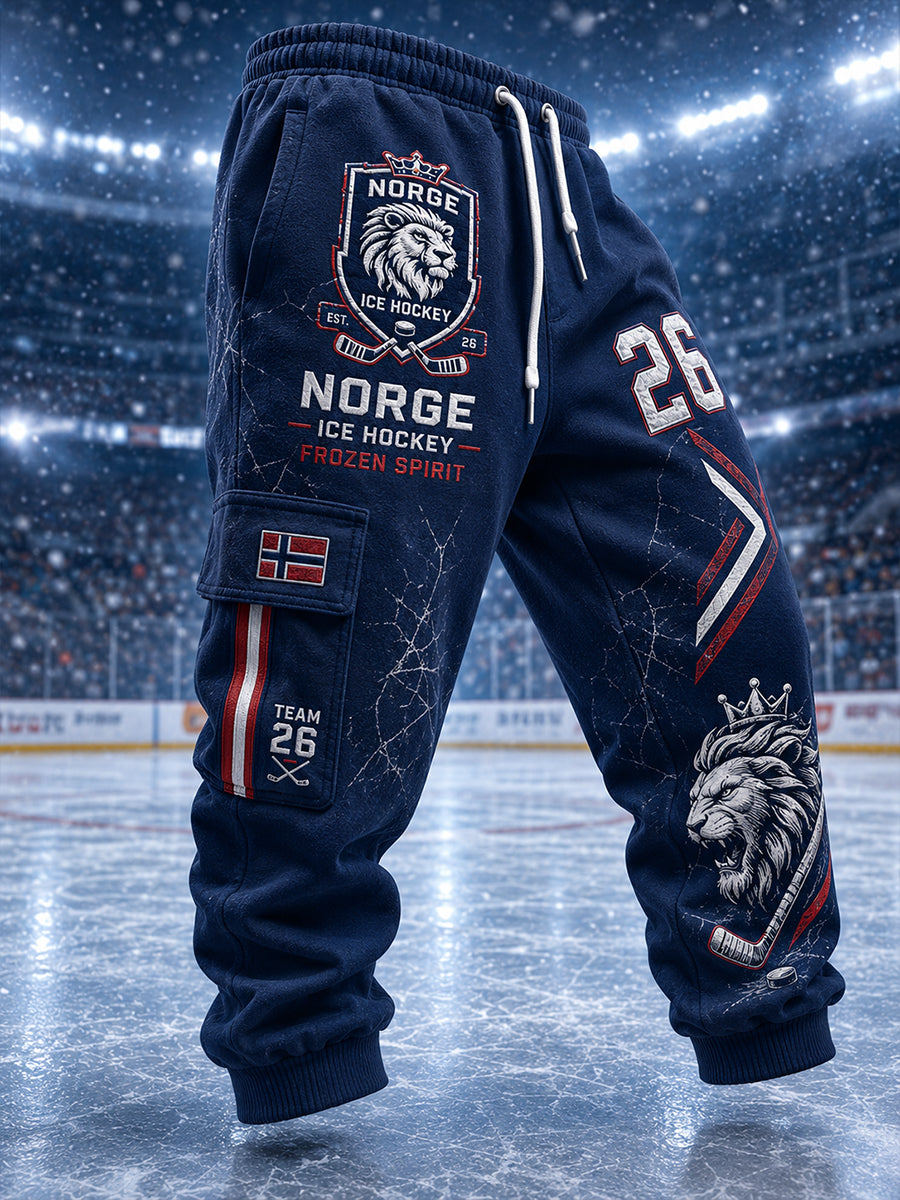 Idrettsbukser med print inspirert av herrehockey på is