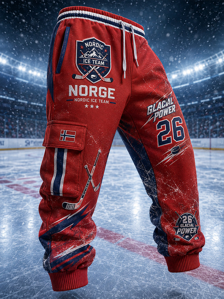Idrettsbukser med print inspirert av herrehockey på is