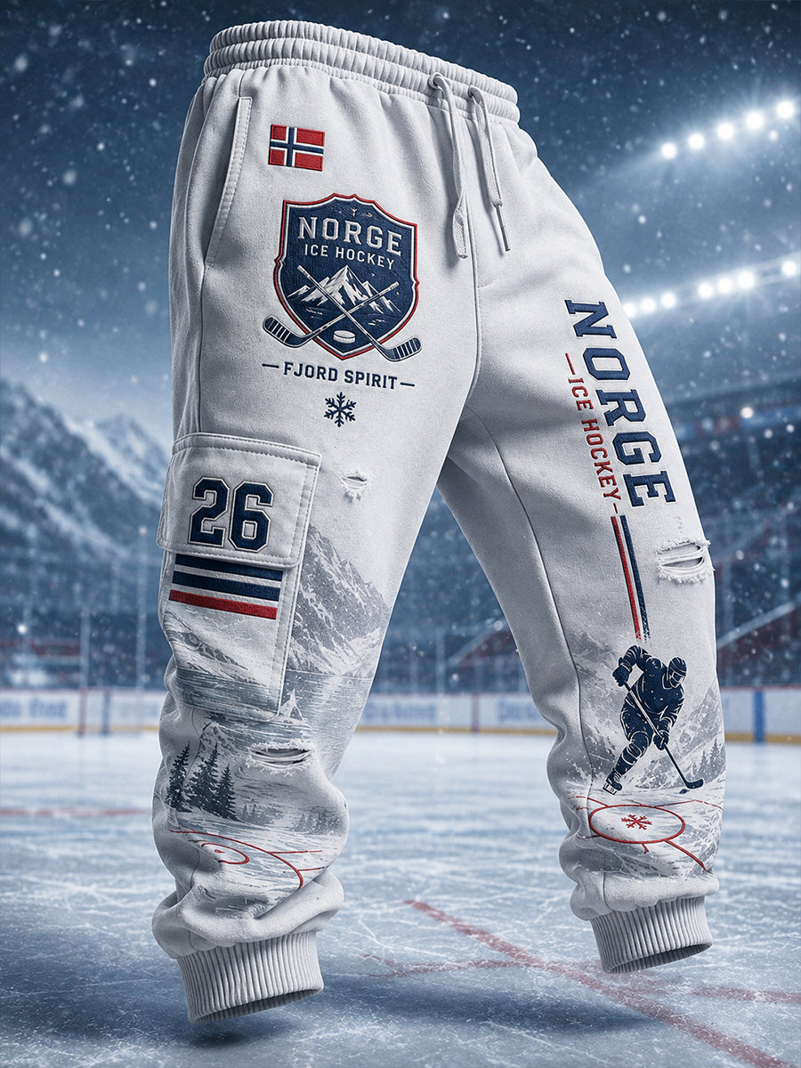 Idrettsbukser med print inspirert av herrehockey på is