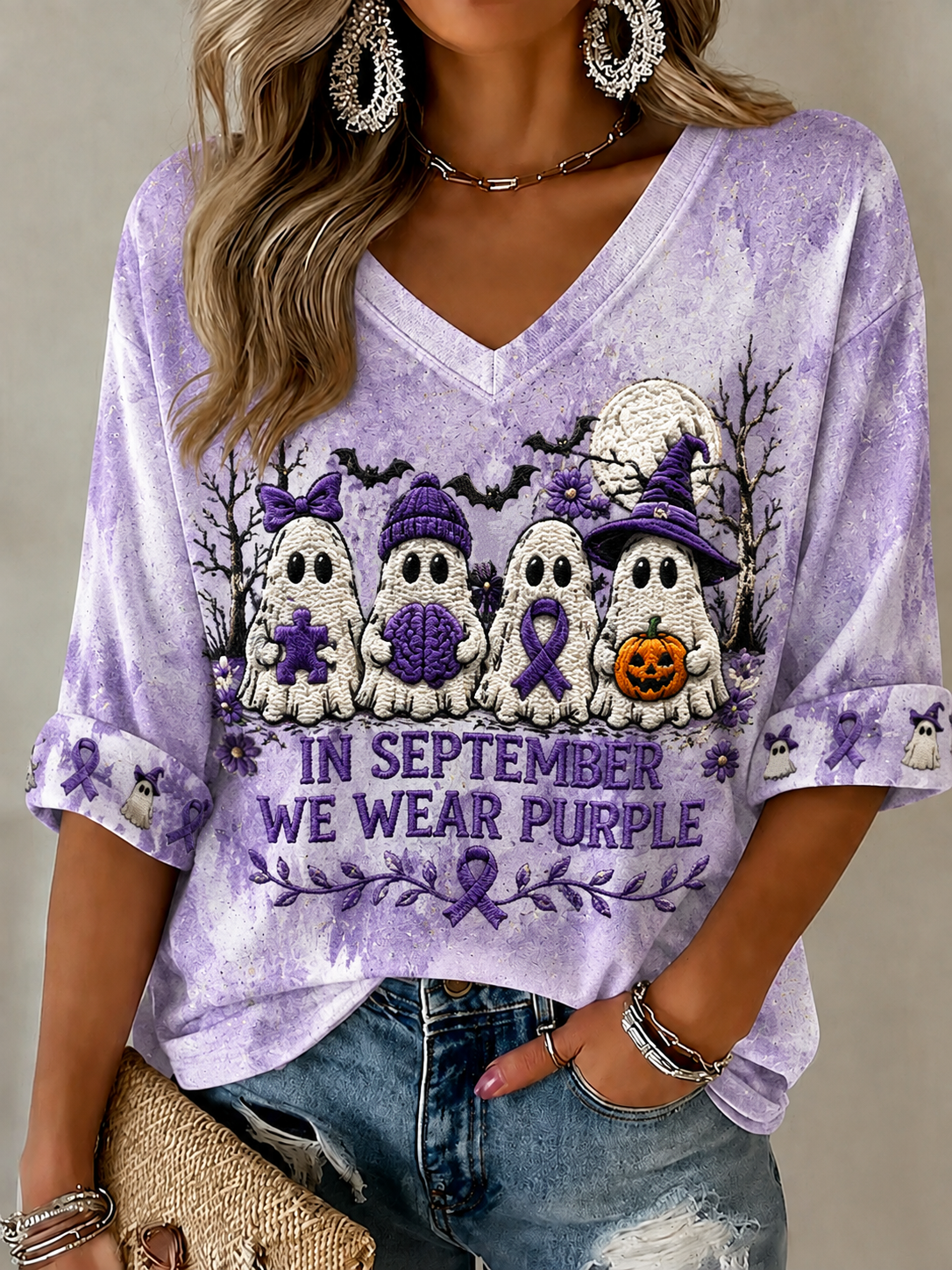 Kvinnors I september bär vi lila mitt längd ärmar V-hals T-shirt