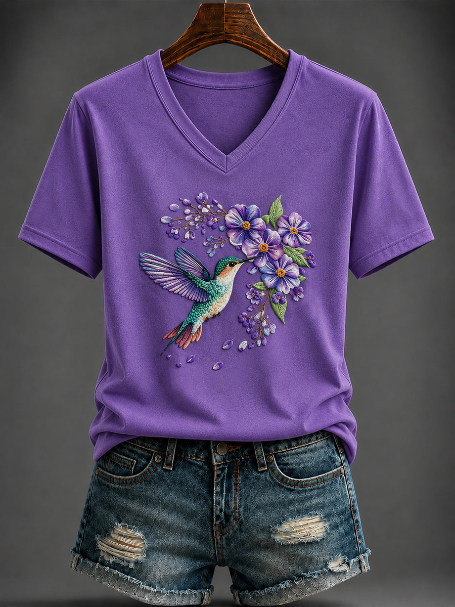 Dammadens Alzheimersjukdom lila konsttryckt t-shirt med v-ringning