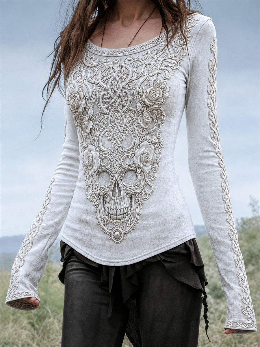 Damer Elegant keltiskt dödskalle- och rosor-mönster vikingakeltisk knutmönstrad t-shirt med rund halsringning och lång ärm
