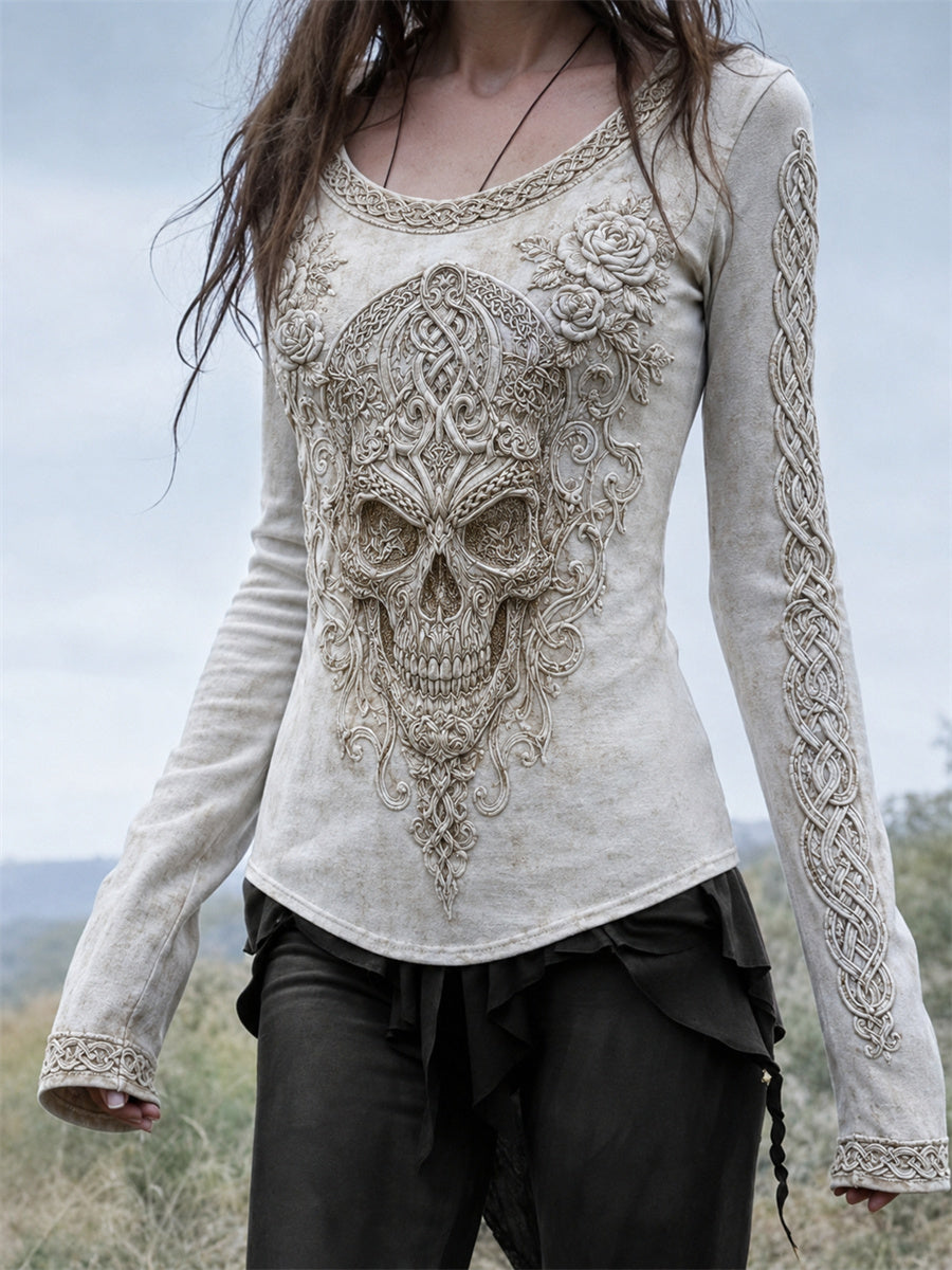 Damer Elegant keltiskt dödskalle- och rosor-mönster vikingakeltisk knutmönstrad t-shirt med rund halsringning och lång ärm